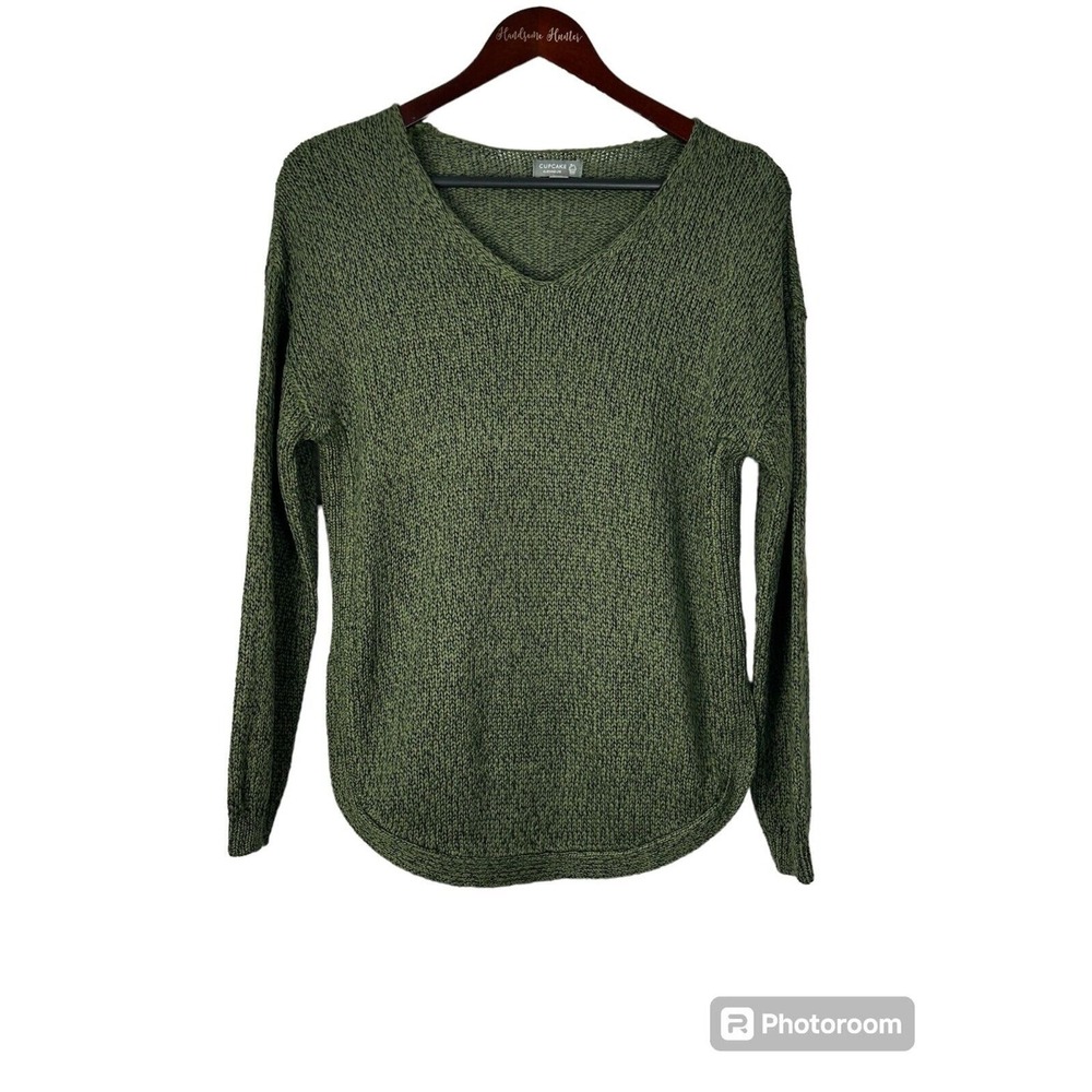 Cupcake Womens Size M Army Green Sweater V Neck Elbow Patch Side Slits Cozy T4